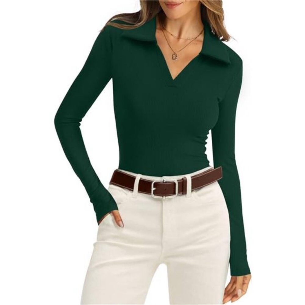✨ Ribbed Knit Collared Polo Top | Long Sleeve Sweater Shirt